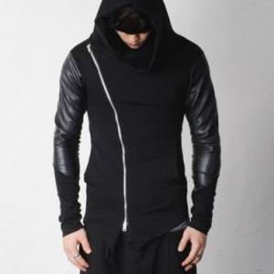 Leather Sleeve Slanted Asymmetric Zip-up Cowl Neck Avant Garde Hoodie Sweatshirt By KOKO LIAR
